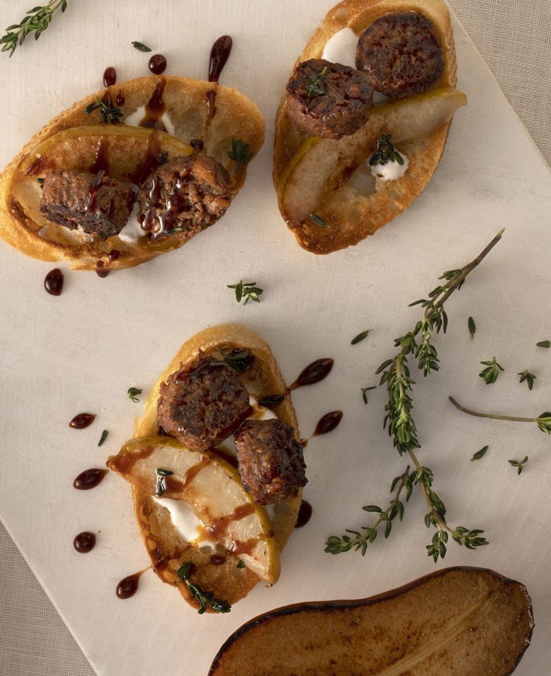 Chorizo and Pear Crostini