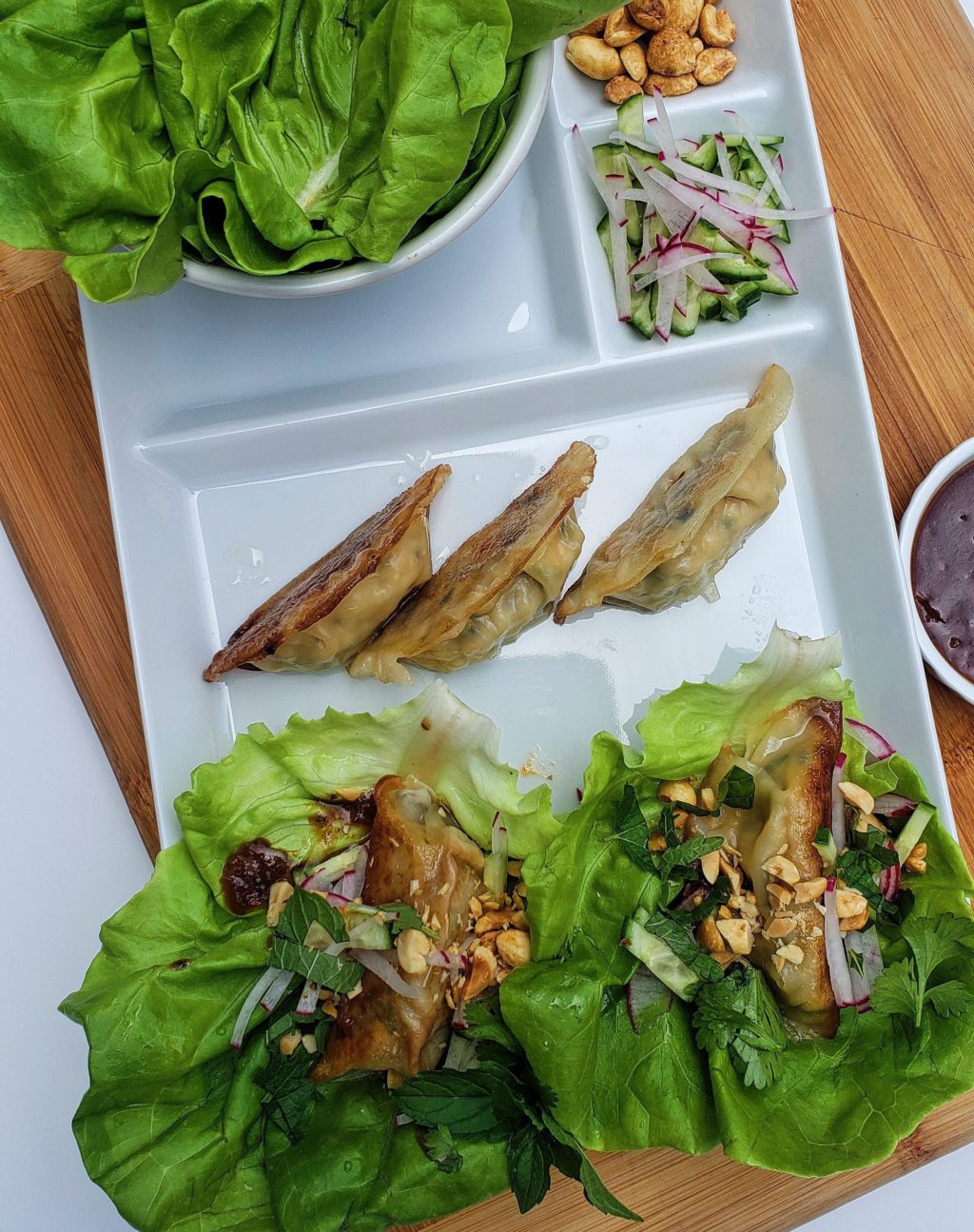 Hungry Planet pork gyoza lettuce wraps with sauce